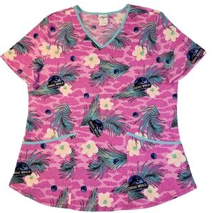 Jurassic World Women's "Dino Skin" Pink Floral Scrub Top Universal Studios Med